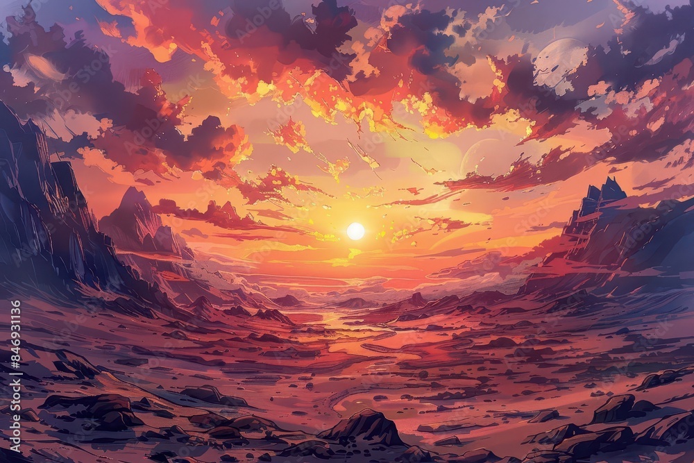 mesmerizing anime sunrise vibrant rocky desert landscape bathed in warm golden light atmospheric yule scenery illustration