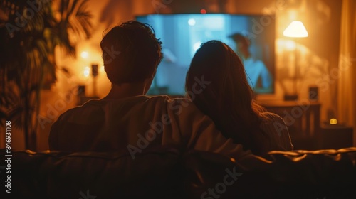 A couple watching a romantic movie, with soft, warm lighting. © Exnoi