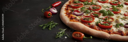 A close-up shot of a freshly baked pizza with tomato, basil, and onion toppings