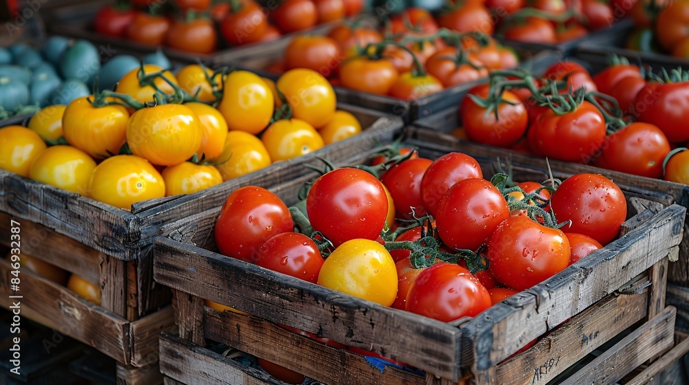 A vibrant market scene with a variety of tomatoes displayed in wooden crates, illustrating the abundance and richness of British Tomato Fortnight festivals A vibrant market scene with a variety of tomatoes displayed in wooden crates, illustrating the abundance and richness of British Tomato Fortnight festivals