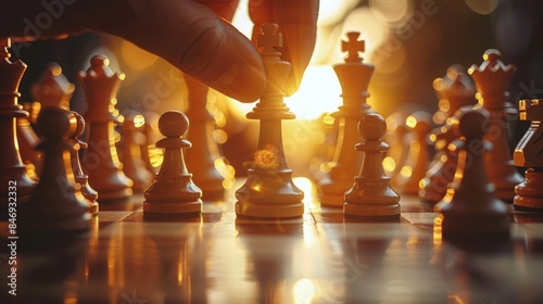 Sunlit Chess Game Board Overlooking Fingertips Grasping Chess Piece photo