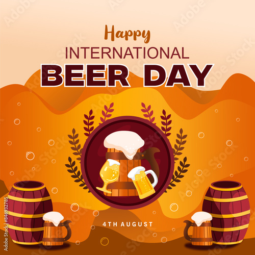 Banner or background for international beer day, with beer kegs and beer glasses and floral ornaments, vector illustration