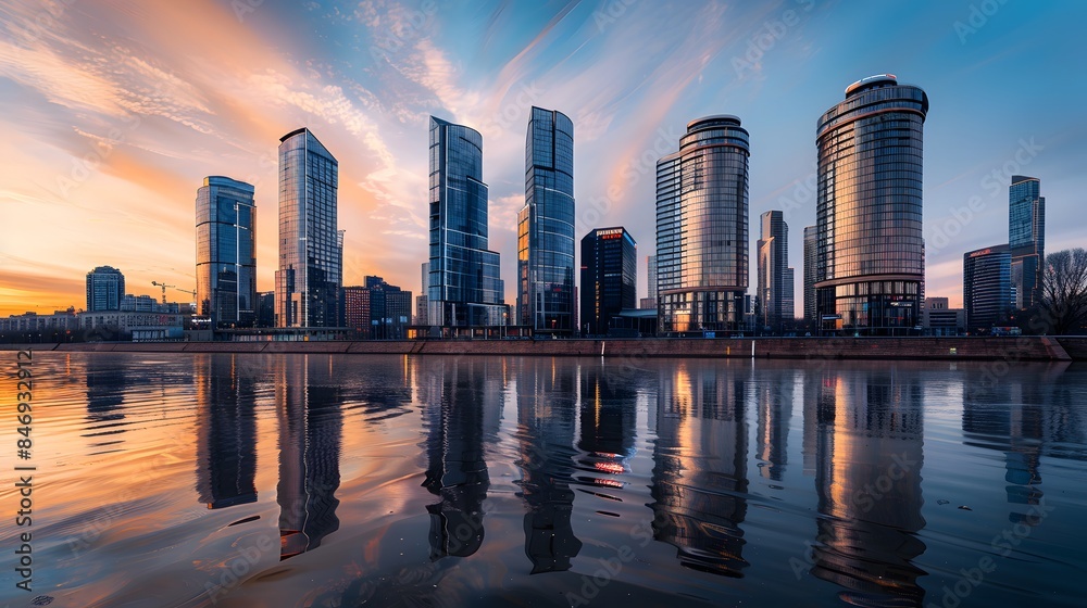 Fototapeta premium Cityscape at Sunset with Skyscrapers Reflecting in Water