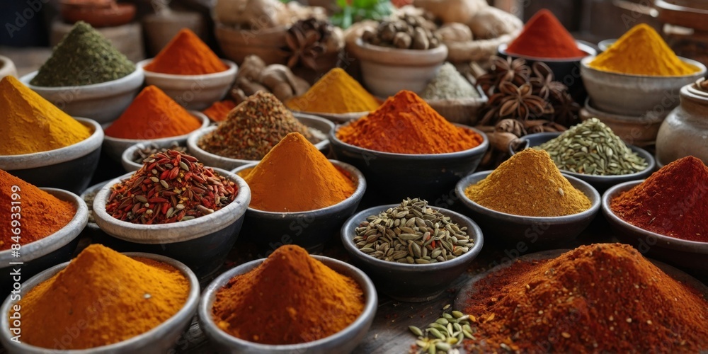 Fototapeta premium A vibrant display of various spices piled in colorful bowls at a market