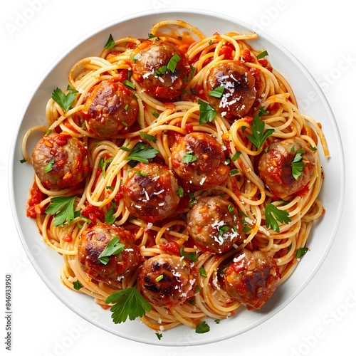 A plate of spaghetti and meatballs photo