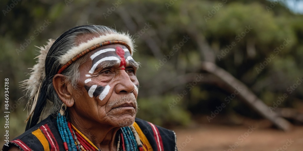Traditional clothing and accessories of an indigenous person, with a ...