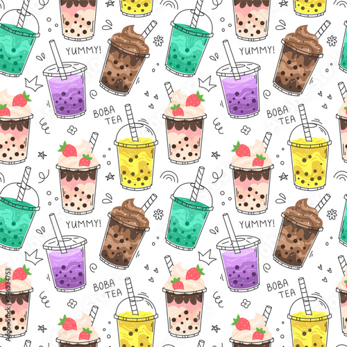 Doodle bubble tea seamless pattern with white background. Vector illustration.