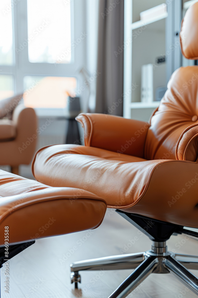 Upholstered leather boss office chair with footrest in minimal interior Upholstered leather boss office chair with footrest in minimal interior