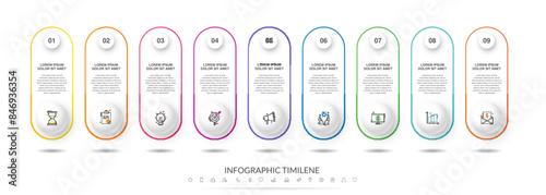 Modern vector infographics with nine circles. Business template with 9 steps for diagram, web, banner, presentations, flowchart, content, levels, chart, graphic, timeline