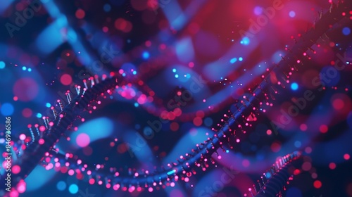 DNA technology, genome research, and genetic biotechnology in a blue, red, neon light backdrop. Human DNA gene, genetics science, biology, scientific medicine, and healthcare molecular technology.