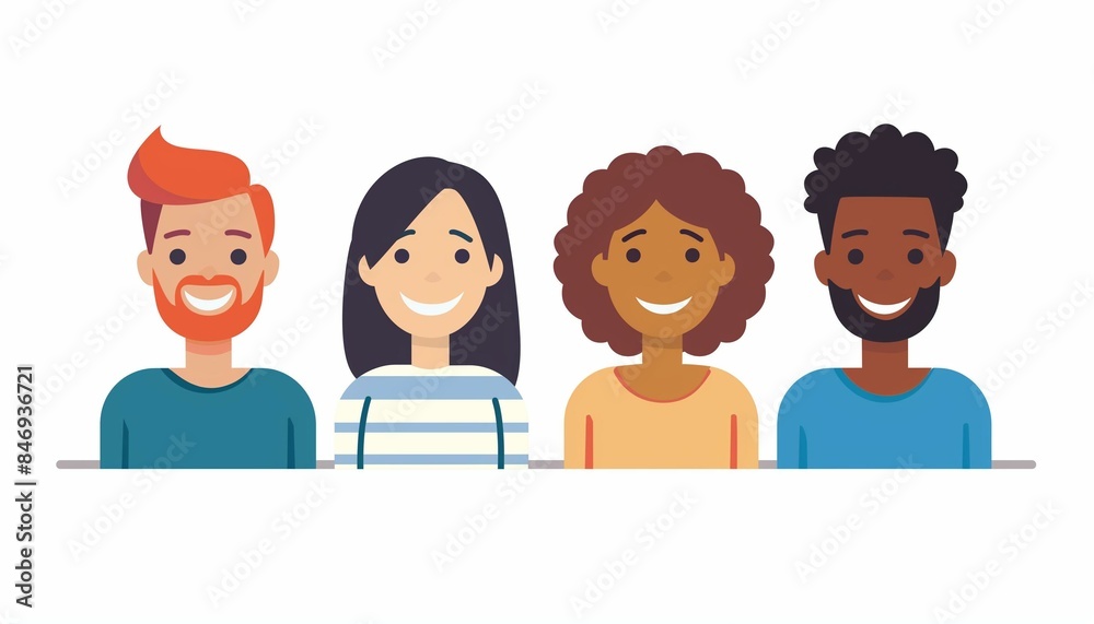 Diverse Happy Cartoon Characters Smiling Together. Diverse Happy Cartoon Characters Smiling Together.