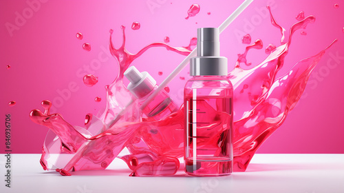 Radiant Pink Collagen Essence with Cosmetic Pipette - Skin Serum Vitamin Infusion 3D Render Stock Illustration