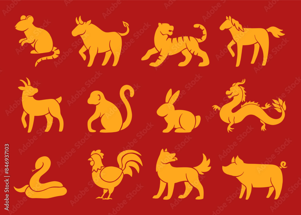 Chinese zodiac animals set. Golden zodiac animals in flat style isolated on the background.