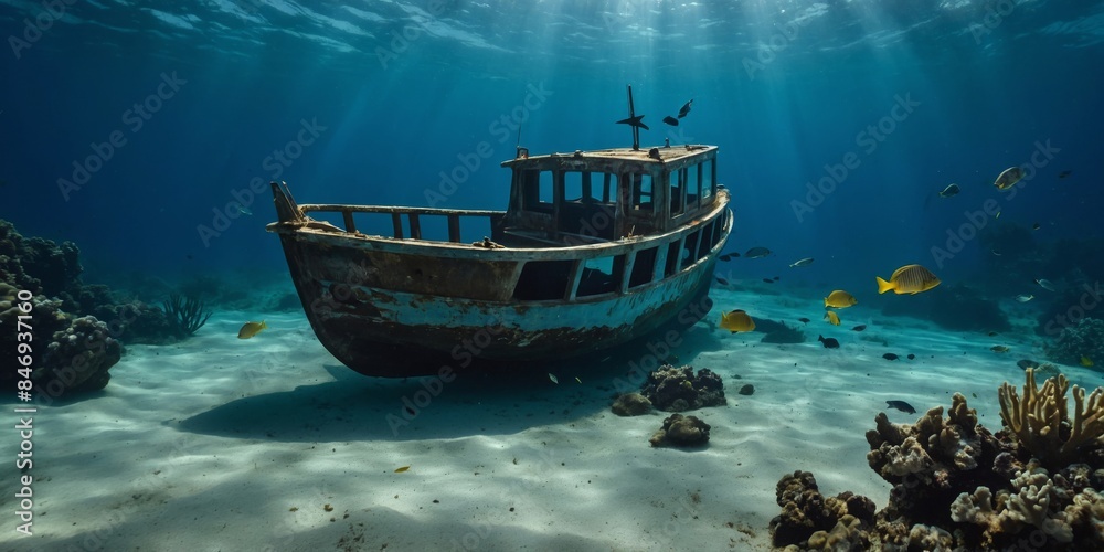 A captivating underwater landscape showcasing a sunken ship amidst coral reefs with tropical fish swimming by A captivating underwater landscape showcasing a sunken ship amidst coral reefs with tropical fish swimming by