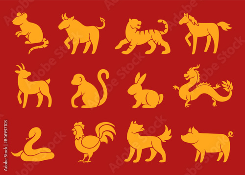 Chinese zodiac animals set. Golden zodiac animals in flat style isolated on the background.