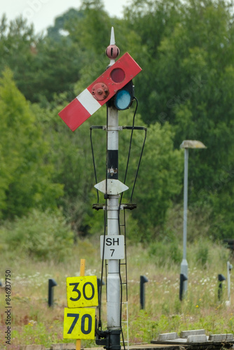 Lower quadrant semaphore signal in the clear position at Worcester Shrub Hill vertical format