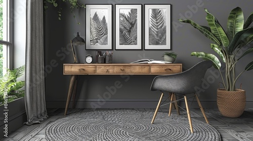 Modern Home Office with Mid-Century Desk and Colorful Wall Art