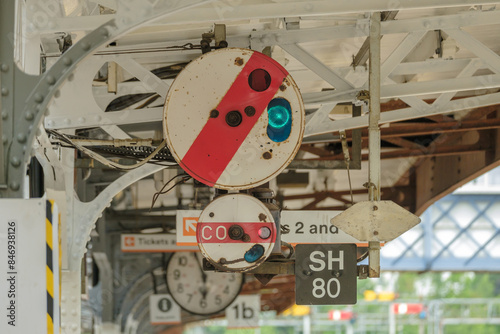 Disc signal with calling on signal and associated track circuit indicator at Worcester Shrub Hill Station.