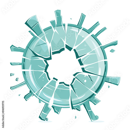 Stylized turquoise shattered virus illustration representing breakage destruction. Cracked virus symbol concept health victory, medical breakthrough. Abstract broken pathogen graphic scientific