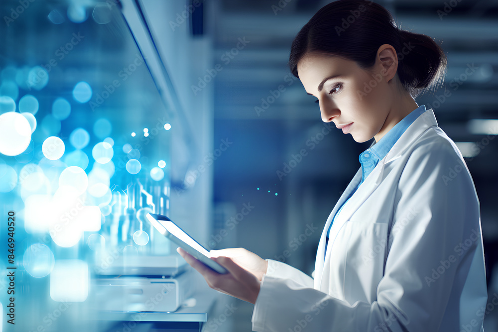 science, chemistry, medicine, technology and people concept - close up of young female scientist with tablet pc computer making test or research in laboratory science, chemistry, medicine, technology and people concept - close up of young female scientist with tablet pc computer making test or research in laboratory