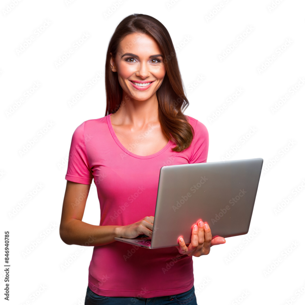 Smiling woman using laptop on transparent background Smiling woman using laptop on transparent background