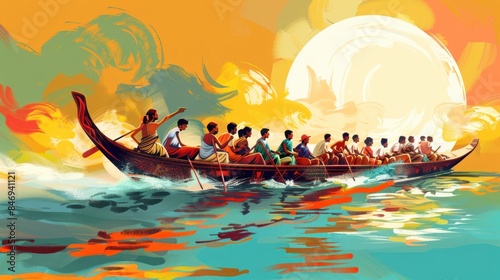 Illustration of a painting of the Kerala Onam boat race, the oldest river boat festival in Kerala. Ai generated image