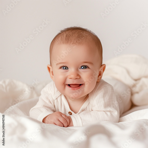 The baby smiles, lies on his stomach on a light bed