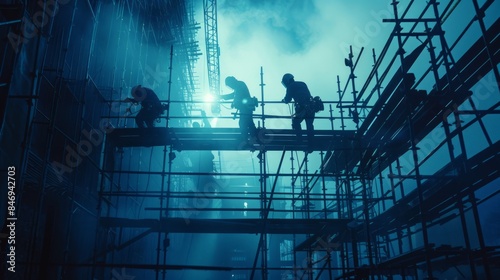Silhouetted Construction Workers on Scaffolding at Night photo