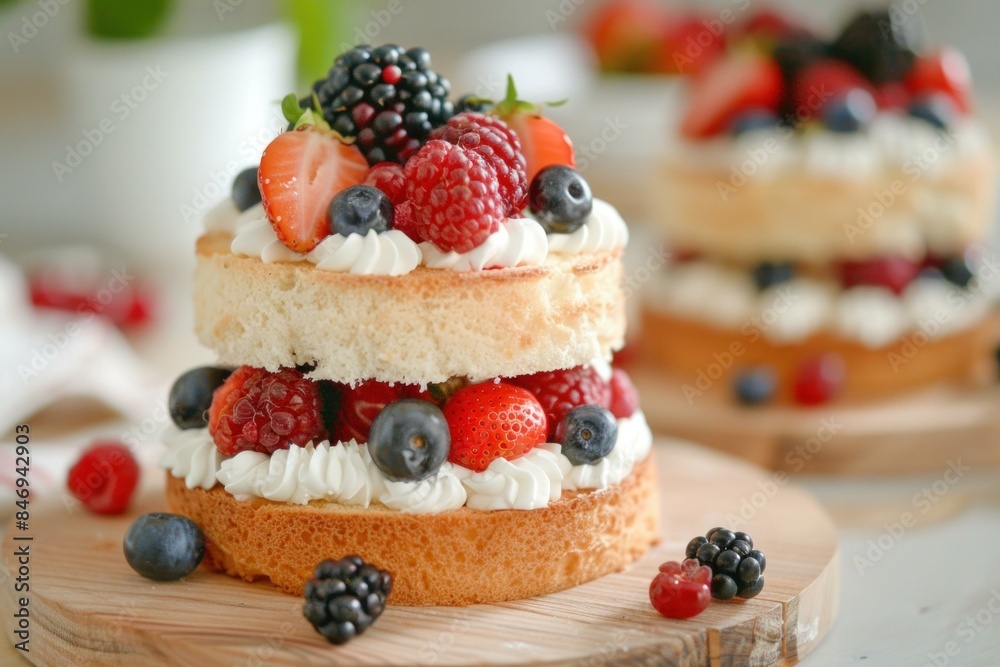 Delectable sponge cake with cream and assorted berries on a rustic wooden board, ideal for dessert Delectable sponge cake with cream and assorted berries on a rustic wooden board, ideal for dessert