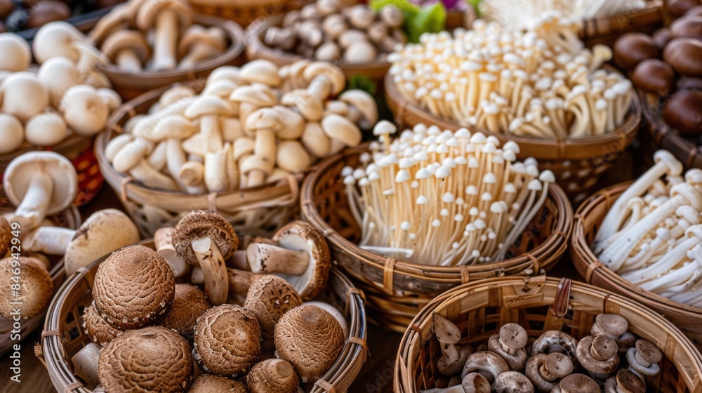 A basket of mushrooms is displayed with other mushrooms in baskets A basket of mushrooms is displayed with other mushrooms in baskets