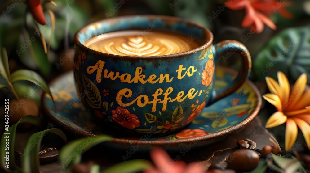 A cup of coffee with the words Awaken to Coffee written on it