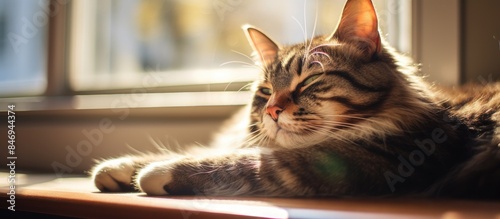 Tabby cat relaxing close to window, basking in intense sunlight with high contrast beams. with copy space image. Place for adding text or design © vxnaghiyev