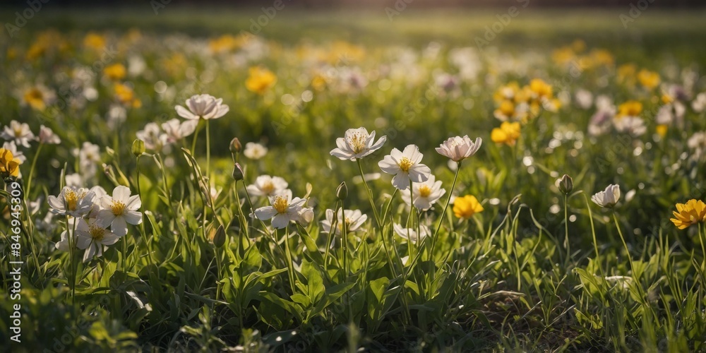 Obraz premium A vibrant and serene image capturing a field of wildflowers basking in the warm glow of the sun during sunset