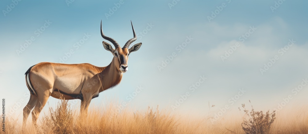 Male hartebeest stands on elevated area in grassy savannah, turning head to observe surroundings. with copy space image. Place for adding text or design Male hartebeest stands on elevated area in grassy savannah, turning head to observe surroundings. with copy space image. Place for adding text or design