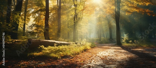 Golden sunshine casting warm light through the trees in a serene autumn woodland. with copy space image. Place for adding text or design © vxnaghiyev