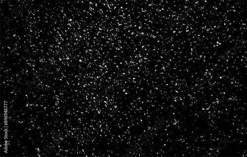 Snow, stars, twinkling lights, rain drops on black background. Abstract vector noise. Small particles of debris and dust. Distressed uneven grunge texture overlay.