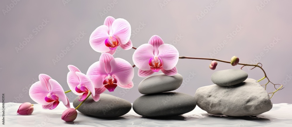 An elegant still life composition featuring two pink orchids delicately placed amidst therapy stones. with copy space image. Place for adding text or design An elegant still life composition featuring two pink orchids delicately placed amidst therapy stones. with copy space image. Place for adding text or design