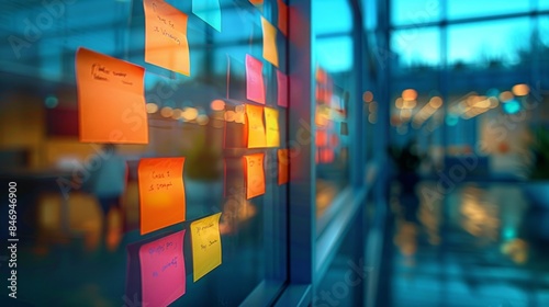 Colorful Sticky Notes Displayed on Office Glass Wall in Modern Workspace