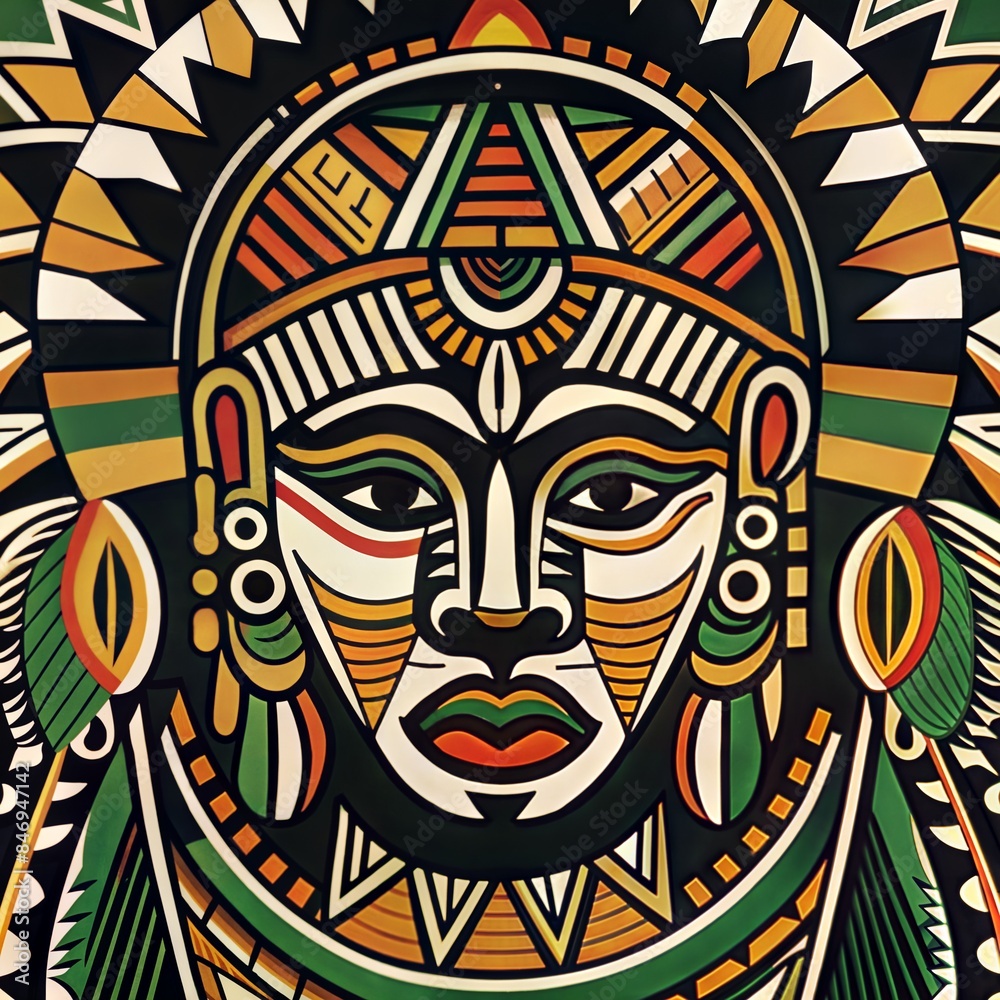 A vibrant and intricate illustration of a traditional tribal mask, featuring bold geometric patterns and rich colors. A vibrant and intricate illustration of a traditional tribal mask, featuring bold geometric patterns and rich colors.