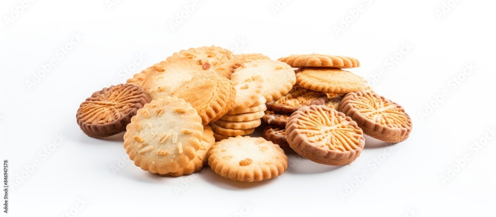 Pile of assorted sweet biscuits displayed on a clean white background. with copy space image. Place for adding text or design Pile of assorted sweet biscuits displayed on a clean white background. with copy space image. Place for adding text or design