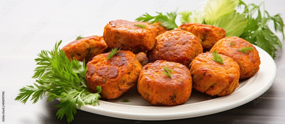 Plate of meatballs topped with a single leaf of lettuce. with copy space image. Place for adding text or design