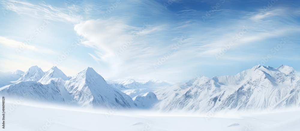 Obraz premium Mountains enveloped in fresh powder snow, with peaks visible beneath the cloud-filled sky. with copy space image. Place for adding text or design