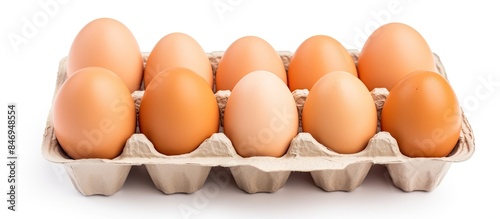 Close-up view of a carton of eggs on a plain white backdrop. Ten raw chicken eggs packaged in eco-friendly material, seen from above, isolated on a white surface. with copy space image photo