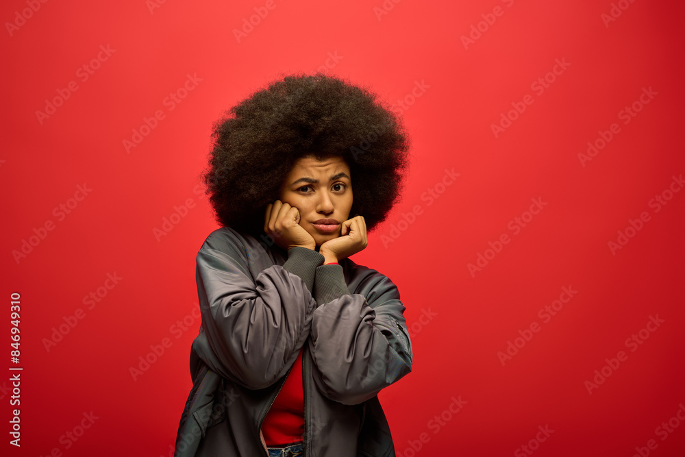 Stylish African American woman in trendy attire posing in front of a vibrant red backdrop. Stylish African American woman in trendy attire posing in front of a vibrant red backdrop.
