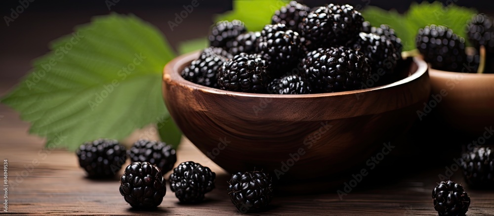 Ripe black mulberries in a bowl captured up close with a focus on their juicy and succulent appearance. with copy space image. Place for adding text or design Ripe black mulberries in a bowl captured up close with a focus on their juicy and succulent appearance. with copy space image. Place for adding text or design