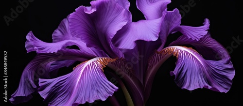 Purple iris flower in full blossom contrasting against a dark black background. with copy space image. Place for adding text or design