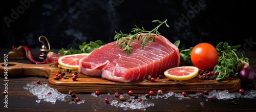 Freshly cut raw meat placed...
