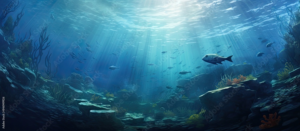 Obraz premium Group of Trevallys swimming beneath the ocean's surface in unison. with copy space image. Place for adding text or design