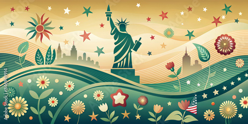 A stylized representation of the Statue of Liberty and the New York City skyline against the background of hills decorated with flowers and stars.Harmonious color palette lends a festive atmosphere.AI photo