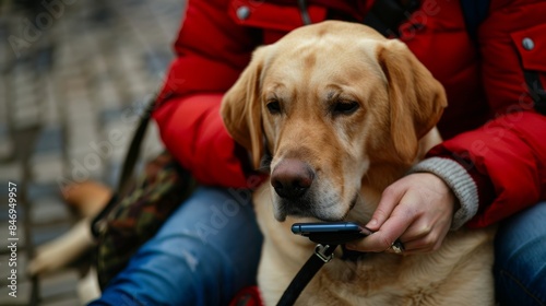 A person with a visual impairment using a guide dog or a cane, reading Braille or using a smartphone with accessibility features. © Exnoi